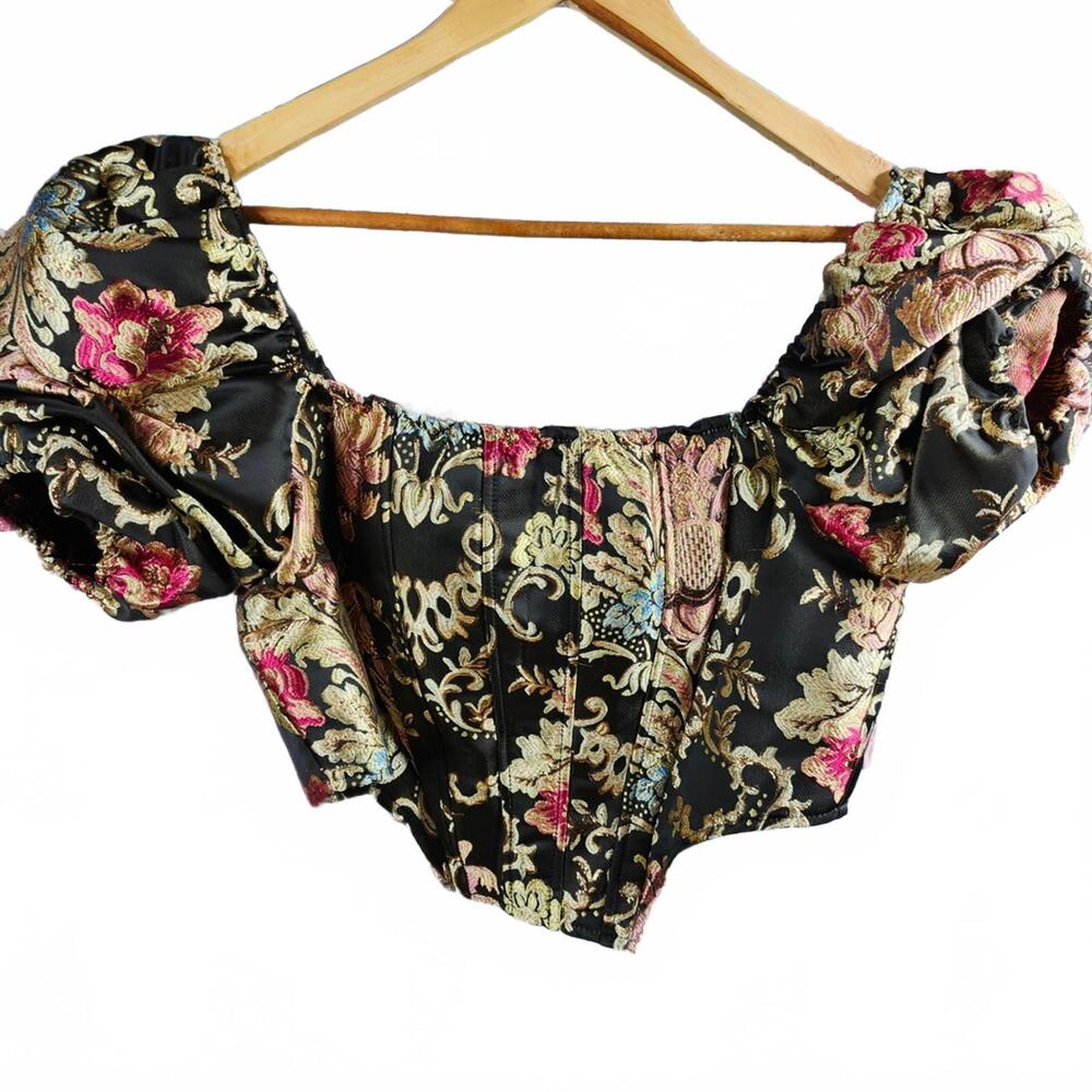 Black Floral Brocade Puff-Sleeve Blouse